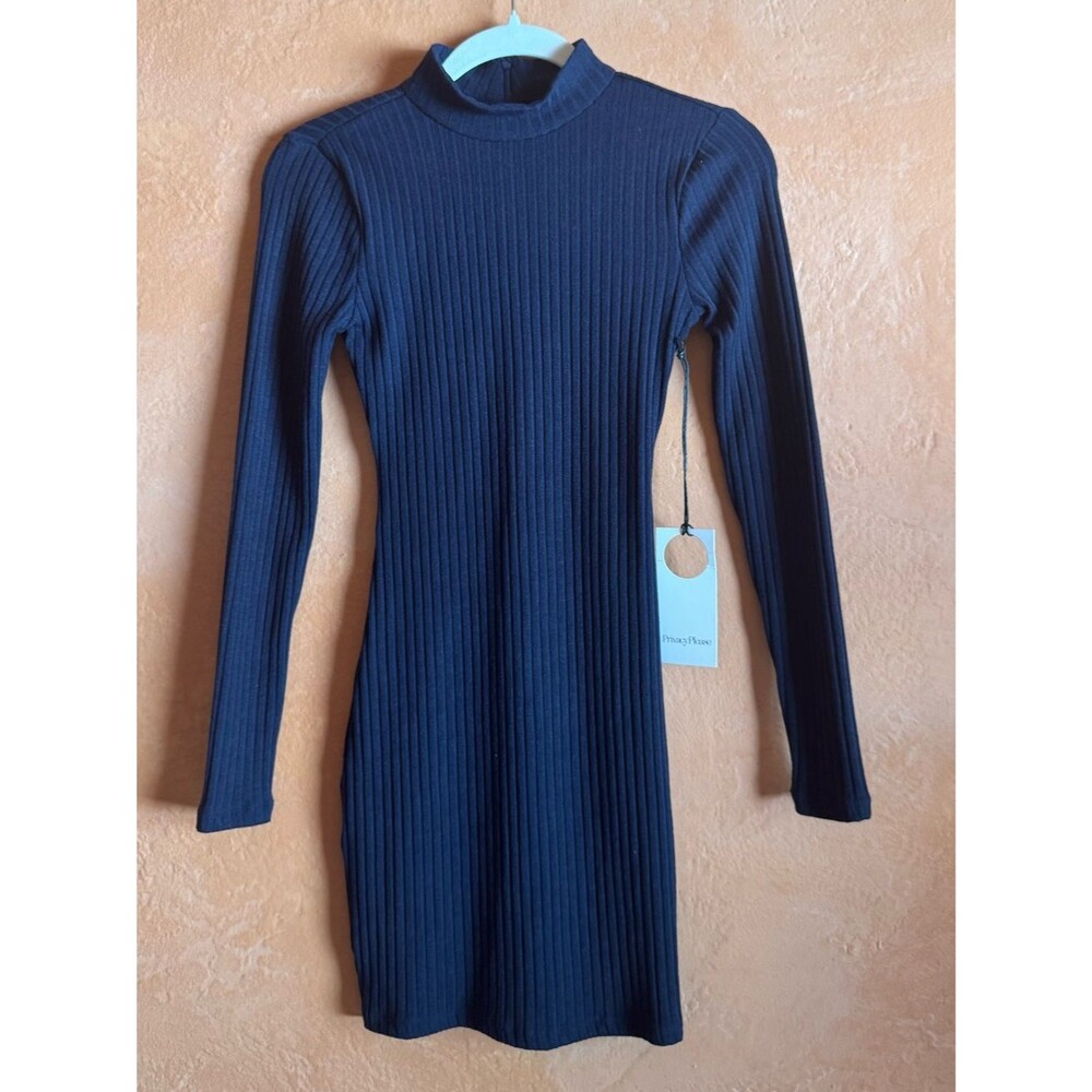 Privacy Please Ribbed Mock Neck Mini Dress Navy XS NWT